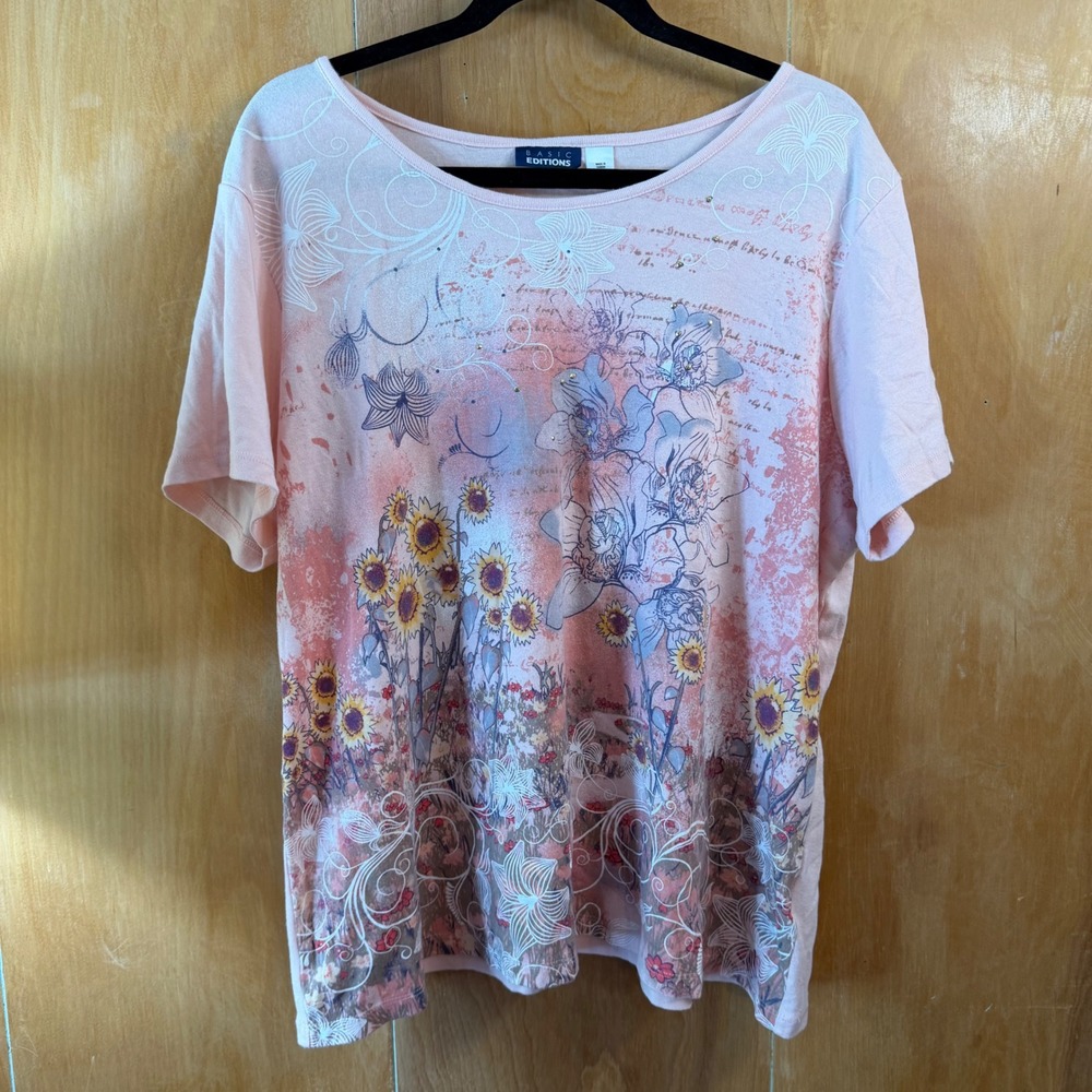 Cottagecore Basic Editions Sunflower Mixed Floral Graphic Pink Tee 2X
